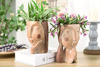 Saysmile Head Planters for Indoor Plants, Face Flower Pot Head Planter Succulent Planters Unique Face Planter with Drainage Hole - Rustic Thinking Girl Closed Eyes - color: Thinking - Rustic