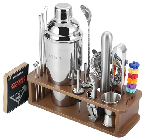HMYBAR® 22-Piece Cocktail Shaker Set, Mixology Bartender Kit with 24oz Cobbler Shaker, Home Bar Tool Set with Brown Bamboo Stand, 39 Recipe Cards, Glass Markers, Gift for Men & Dad - color: Brown