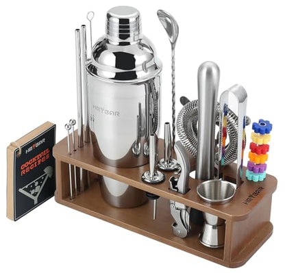 HMYBAR® 22-Piece Cocktail Shaker Set, Mixology Bartender Kit with 24oz Cobbler Shaker, Home Bar Tool Set with Brown Bamboo Stand, 39 Recipe Cards, Glass Markers, Gift for Men & Dad - color: Brown