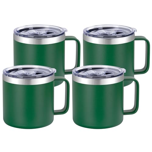 VEGOND 14 oz Insulated Coffee Mug Bulk with Handle, Stainless Steel Travel Coffee Mug with Lid, Double Wall Vacuum Metal Coffee Cup, Coffee Tumbler Powder Coated, Dark Green 4 Pack - color: Dark Green, size: 14 Ounces (4 Pack)