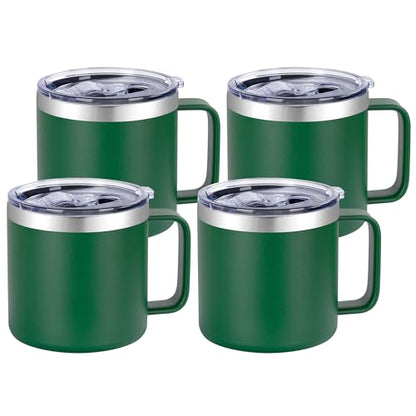 VEGOND 14 oz Insulated Coffee Mug Bulk with Handle, Stainless Steel Travel Coffee Mug with Lid, Double Wall Vacuum Metal Coffee Cup, Coffee Tumbler Powder Coated, Dark Green 4 Pack - color: Dark Green, size: 14 Ounces (4 Pack)