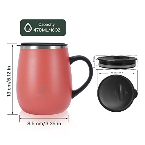Ideus 16 oz Insulated Coffee Mug with Handle and Lid, Double Wall Stainless Steel Vacuum Thermal Coffee Mug, Travel Coffee Cup Thermal Cup for Home and Office (Jellyfish Red, FUJI DAWN) - color: Jellyfish Red