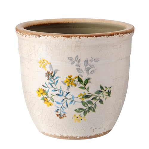 6 Inch Vintage Yellow Flower Pot for Plant Rustic Ceramic Planter | Cottage Ice Crack Vase with Drainage Hole, Kitchen Utensil Holder Decor, for Indoor Garden Home, Farmhouse Housewarming Gift