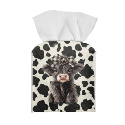 Highland Cow Square Tissue Box Cover PU Leather Napkin Holder | Waterproof Cube Facial Paper Case, Cow print design, ideal rustic decor for farmhouse bedroom, living room & vanity table - color: Cow Print Highland Cow