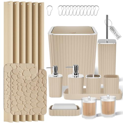 XLHOMO Bathroom Accessories Set - 25PC Bathroom Sets with Shower Curtain and Rugs, Beige Bathroom Set with Trash Can, Soap Dispenser, Soap Dish & Toilet Brush - size: Bath Set+Shower Curtain+Rugs, style: Beige&Silver