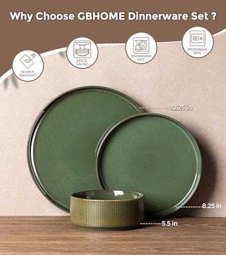 GBHOME Stoneware Dinnerware Sets for 4, 12 Pieces Plates and Bowls Set | Lightweight Ceramic Ribbed Dishes,Reactive Glaze Stackable Plate Set,Scratch Resistant,Microwave&Dishwasher Safe,Sage Green - color: Sage Green