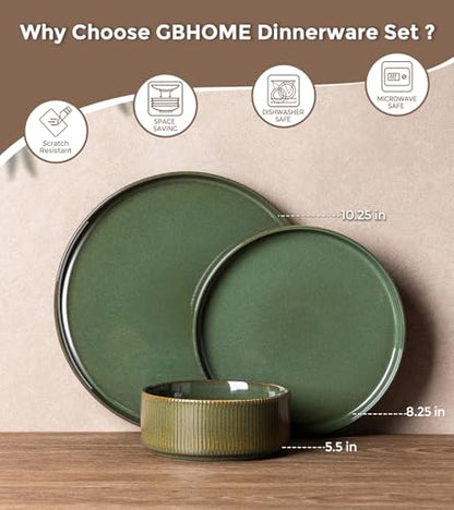 GBHOME Stoneware Dinnerware Sets for 4, 12 Pieces Plates and Bowls Set | Lightweight Ceramic Ribbed Dishes,Reactive Glaze Stackable Plate Set,Scratch Resistant,Microwave&Dishwasher Safe,Sage Green - color: Sage Green
