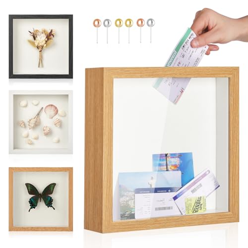 Travel Adventure Archive Shadow Box Frame with Slot, 8x8in Brown | Perfect Travel Gift for Women, Men, and Couples. Travel Keepsake Box to Preserve Tickets, Photos, and Memories From Adventure - color: Brown, size: 8x8in