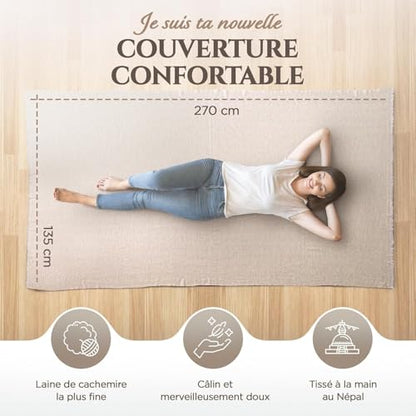 Cashmere Blanket – Hand Woven 100% Pure Wool Throw Blanket, 135 x 270 cm – Fine Herringbone Pattern Cozy, and Soft Blanket for Bed, Sofa, or Couch - Made in Nepal - color: Beige