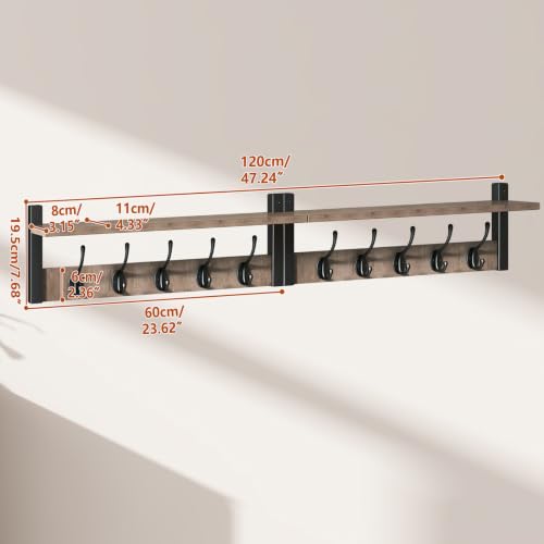47.2" Coat Rack Wall Mount with Shelf and 10 Hooks, Silver Gray UHWS004Y-2 | 2 Pack Coat Hooks Wall Mount, Wood Wall Mounted Coat Rack with Hooks, Coat Hanger Wall Mount, Wall Hooks for Hanging - color: Silver Gray