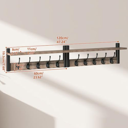 47.2" Coat Rack Wall Mount with Shelf and 10 Hooks, Silver Gray UHWS004Y-2 | 2 Pack Coat Hooks Wall Mount, Wood Wall Mounted Coat Rack with Hooks, Coat Hanger Wall Mount, Wall Hooks for Hanging - color: Silver Gray