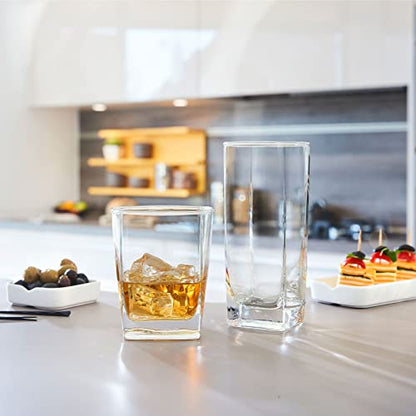 Everyday Drinking Glasses Set of 8 Drinkware Kitchen Glasses for Cocktail, Iced Coffee, Beer, Ice Tea, Wine, Whiskey, Water, 4 Tall Highball Glass Cups & 4 Short Old Fashioned Drinking Glass