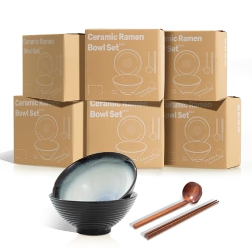 8 Inch Ceramic Ramen Bowl Set of 2, 40oz Japanese Bowls with Spoons & Chopsticks,Durable,Microwave & Dishwasher Safe,Perfect for Ramen,Pho,Salad,Soup,Noodles，Mixing bowls（Midnight） - color: Midnight