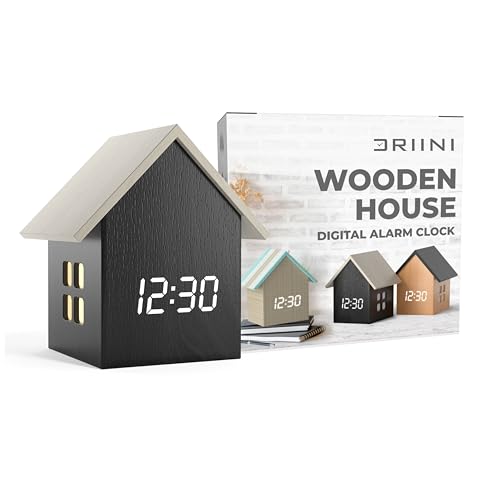 Driini Digital House Shaped Alarm Clock with Temperature Display (Dark Wood) – Modern Aesthetic with Cute Cube Frame and White LED Dimmer - Perfect Small Desk Clock for Bedside Table or Bedroom Mantle - color: Dark Wood; White Roof, size: Small