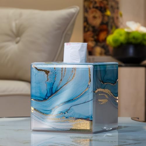 Glass Tissue Box Cover Square Bule Marble Pattern Decorative | Glass construction, velvet lining, blue & gold tone, anti-discoloration, bedroom kitchen office use, home decor, great gif - color: Blue, size: Square