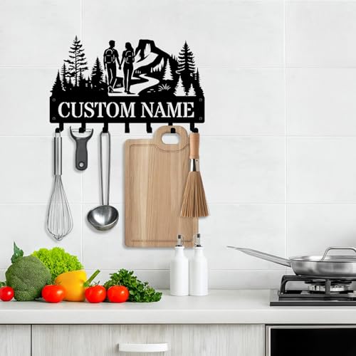 NIWAHO Personalized Key Holder Wall Mount Custom Hiking Couples Silhouette with Name – Metal Key Rack for Entryway, Kitchen – Coat Hooks for Bedroom, Living Room – Wedding Gift for Wife - color: Couple Hiking