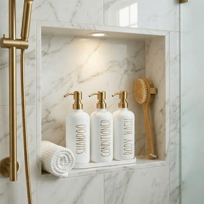 MOMEEMO Shampoo and Conditioner Dispenser Set with Tray, Gold | Refillable Shampoo Conditioner Body Wash Dispenser for Shower, Empty Shampoo Bottles, Bathroom Shower Soap Dispenser Set - color: White Gold