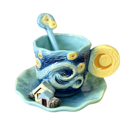 Ceramic Starry Sky Coffee Mug and Saucer set with Spoon,3D Handmade and Hand-painted Tea Mug, 6OZ