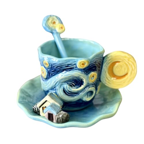 Ceramic Starry Sky Coffee Mug and Saucer set with Spoon,3D Handmade and Hand-painted Tea Mug, 6OZ