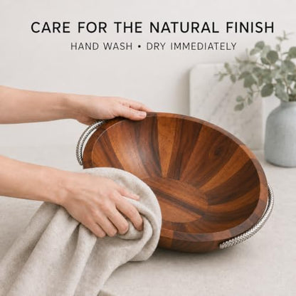 nambe Braid Salad Bowl with Servers | 3-Piece Set | Large Wooden Serving Bowl for Caesar Salad, Large Salads | Big Salad Bowl with Serving Utensils | Made of Chrome & Acacia Wood (20” L x 16” W)