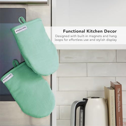 KITCHENAID Gourmet Series Gridlines Mini Oven Mitts 2-Pack Set, Heat Resistant up to 600°F, Soft Silicone Grip, Magnetic Cuff, Color of The Year, Spearmint, 5.5"x9" - color: Spearmint