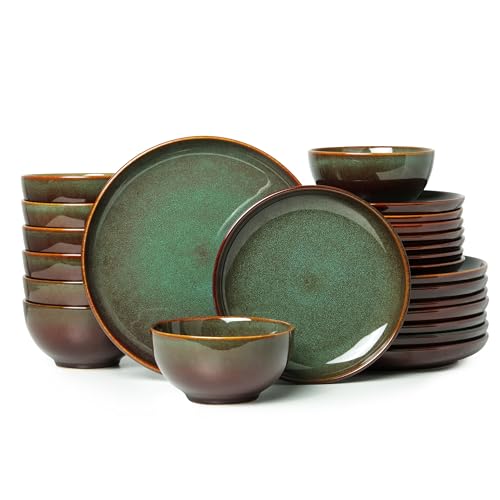 24 Piece Dinnerware Sets for 8, Modern Stoneware Plates and Bowls Setst, Perfect for Family Gatherings & Holiday Celebrations, Easy Cleaning Dishes Set, Stack Compactly Dishware, Brown Green - color: Brown Green, size: 24pcs (for 8)
