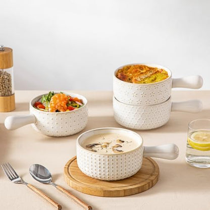 MALACASA French Onion Soup Bowls with Handles, Oven Safe Bowls Set of 4 | 20 oz 5 Inch Soup Crocks for Chilli, Beef Stew, Cereal, Pasta, Elegant Embossed, Crack Resistant Durability, Series LYDIA