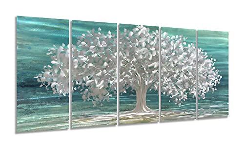 Yihui Arts Tree Of Life Metal Wall Art Handcrafted Aluminum Artwork Teal and Silver Abstract Nature Pictures in 5 Pieces for Living Room Bedroom Bathroom Decor - color: Tree Of Life, size: 64"L x 32"W