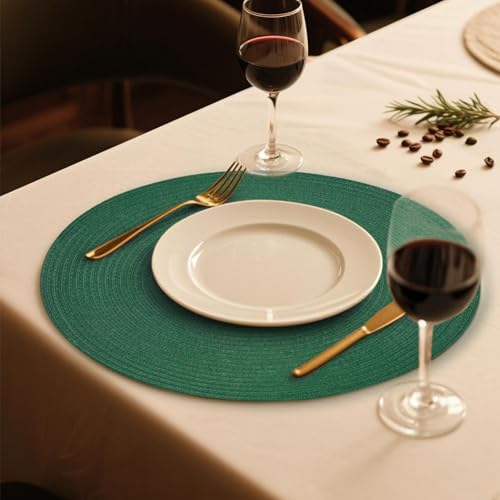 FunWheat Round Braided Placemats Set of 6 Place mats for Dining Tables Woven Heat Resistant Table Mats 15 inch (Dark Green) - color: Solid Dark Green, size: 6pcs