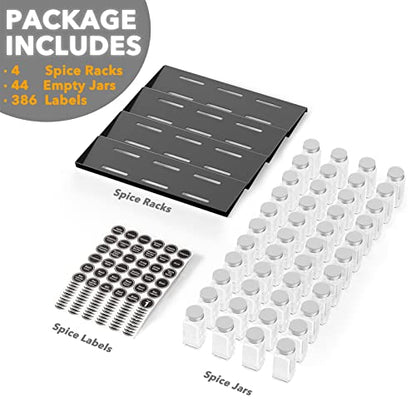 SpaceAid Spice Drawer Organizer with 44 Spice Jars, 386 Spice Labels, 4 Tier Seasoning Rack Tray Insert for Kitchen Drawers, 20.25" Wide x 17.5" Deep - size: 44 Jars, 20.25" Wide