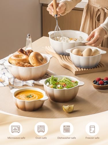 Large Soup Bowls Set of 4, Pumpkin Microwave Mixing Bowls with Handle, Ceramic Serving Bowls for Prepping, Pasta, Salad - Kitchen Cooking and Baking Supplies, Mothers Day Gift - color: White Blue, size: 4 Piece Set