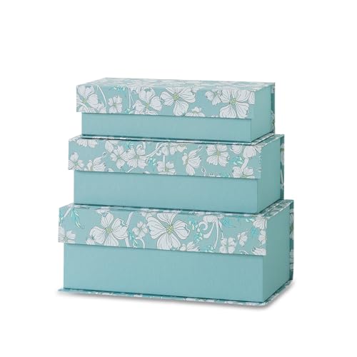 Soul & Lane - Decorative Storage Boxes with Lids, Set of 3, Blue Botanical | Cardboard Keepsake Boxes with Magnetic Flip Lid Closure, Small Rectangular Patterned Photo Storage for Home Decor - color: Blue Botanical