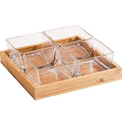 4 Compartment Glass Fruit Bowl with Wooden Tray Creative Snack Serving Tray Divided Serving Platter Reusable Ice Cream Cups Removable Salad Bowls for Snack Candy Nuts Desserts Transparent - color: Transparent, size: 4 Compartment