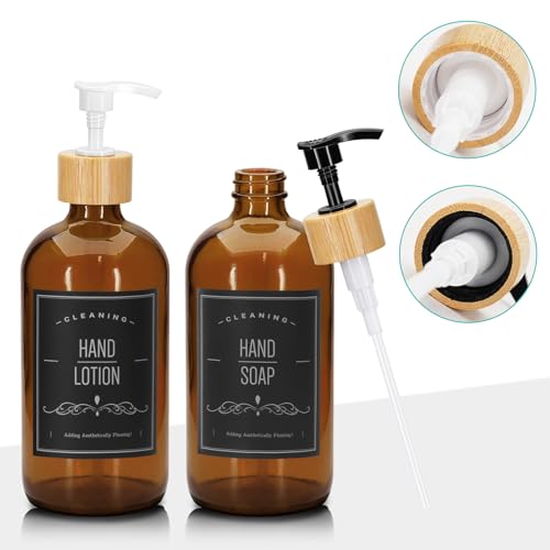 2 Pack 16 Oz Glass Soap Dispenser Set with Tray, Hand Dish Soap Dispenser Set for Bathroom and Kitchen Bottle Dispenser with Dish Soap, Hand Soap, Lotion (Amber) - color: Amber