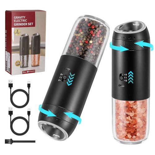 Gravity Electric Salt Grinder Set w/Variable Speed,Black 2 Pack | with Variable Grinding Speed, External Adjustable Coarseness, One Hand Operation, Upgraded Larger Capacity,White LED Light - color: Black