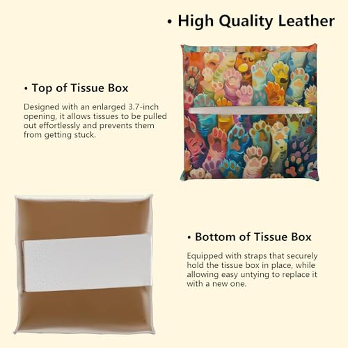 Colorful Cat Paws Tissue Box Cover, Cat Lover Leather Tissue Box Holder Square Facial Paper Organizer Dispenser for Bathroom Kitchen Bedroom Vanity Countertop Nightstands - color: Cat Paws-a