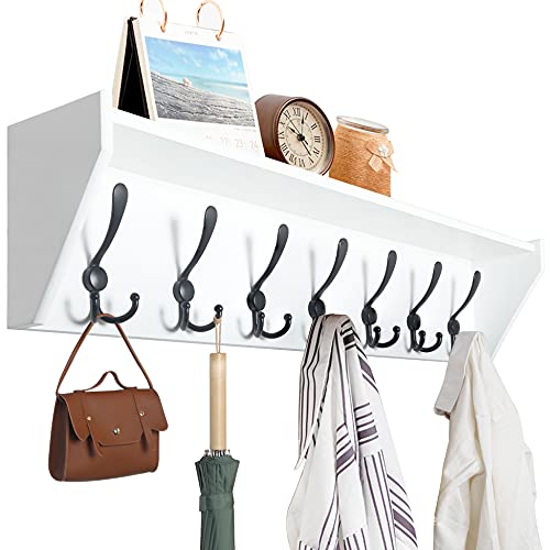 WEBI Coat Rack Wall Mount with Shelf,35" Long White Shelf with Hooks Underneath,7 Triple Hooks,Key Rack for Wall,Entryway Shelves for Wall - color: White/Black, size: 35 Inch