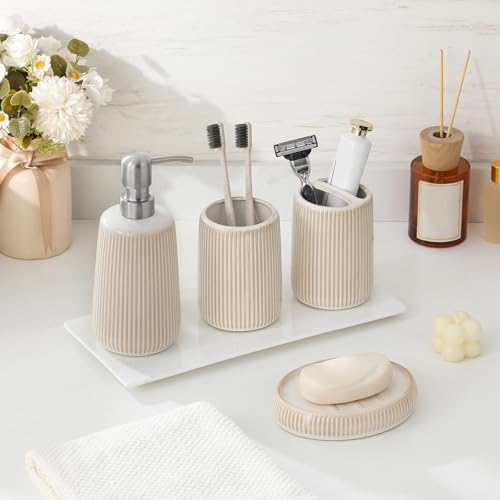 vancasso Ceramic Bathroom Accessories Set 4 Piece, Soap Dispenser with Stainless Steel Pump, Toothbrush Holder, Tumbler and Soap Dish, Modern Relief Design, Bathroom Decor Organizer, Beige-White - style: Beige-White
