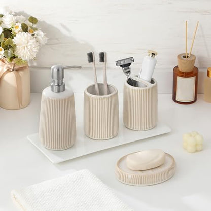 vancasso Ceramic Bathroom Accessories Set 4 Piece, Soap Dispenser with Stainless Steel Pump, Toothbrush Holder, Tumbler and Soap Dish, Modern Relief Design, Bathroom Decor Organizer, Beige-White - style: Beige-White