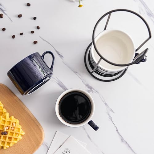 10oz Porcelain Stackable Coffee Mugs and Metal Stand Set of 4, Espresso Cups Set for Hot Drinks, Cappuccino, Tea-Blue - color: Navy