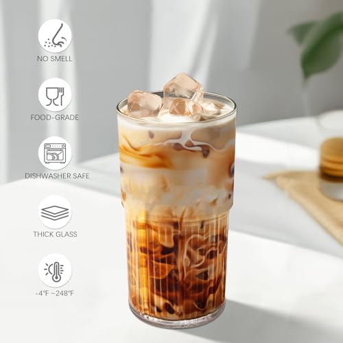 Luiaiog 18.5oz Glass Cups with Lids and Straws - Set of 4 Reusable Tumblers, Thickened Shatter-Resistant Glass, Ideal for Iced Coffee, Smoothies, Cocktails, Juices - Elegant & Durable Drinkware - color: Clear 4pcs 18.5oz