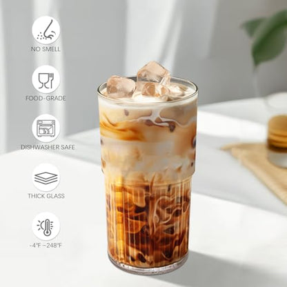 Luiaiog 18.5oz Glass Cups with Lids and Straws - Set of 4 Reusable Tumblers, Thickened Shatter-Resistant Glass, Ideal for Iced Coffee, Smoothies, Cocktails, Juices - Elegant & Durable Drinkware - color: Clear 4pcs 18.5oz