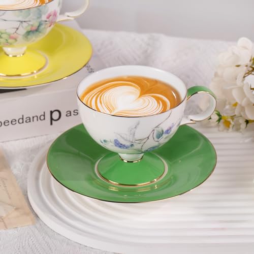 KAMMAK Tea Cups Set of 2,Ceramic Floral Pattern Demitasse Cup | Porcelain Espresso Cup with Saucer, 7.44 oz Handmade Elegant Bone China Tea Cups for Latte, Americano, Cappuccino - color: Grape + Blueberry