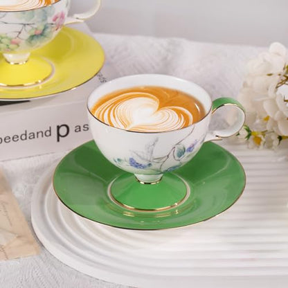 KAMMAK Tea Cups Set of 2,Ceramic Floral Pattern Demitasse Cup | Porcelain Espresso Cup with Saucer, 7.44 oz Handmade Elegant Bone China Tea Cups for Latte, Americano, Cappuccino - color: Grape + Blueberry