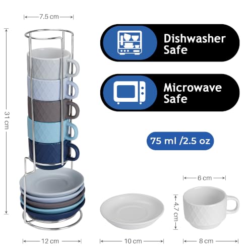 MIAMIO - 6 x 2.5 oz Stoneware Espresso Mug, Cup Set Modern with Stand and Saucers - Palmanova Collection (Ocean Blue) - color: Ocean Blue