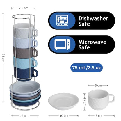 MIAMIO - 6 x 2.5 oz Stoneware Espresso Mug, Cup Set Modern with Stand and Saucers - Palmanova Collection (Ocean Blue) - color: Ocean Blue