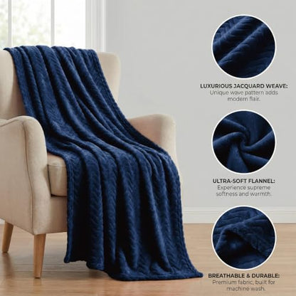 Exclusivo Mezcla Soft Fleece Blanket King Size, Cozy Lightweight Blankets with Decorative Wave Textured Suitable for All Season Use, Navy Blue, 90x104 Inches | 90"x104" Breathable Lightweight Flannel Blanket for Summer, Plush Cozy Jacquard Wave for Home D