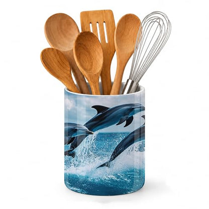 Utensil Holder for Countertop,Dolphins in Ocean Ceramic Utensil Crock Organizer for Home Kitchen Spoons,Spatulas and Cooking Tools - color: Dolphins in Ocean
