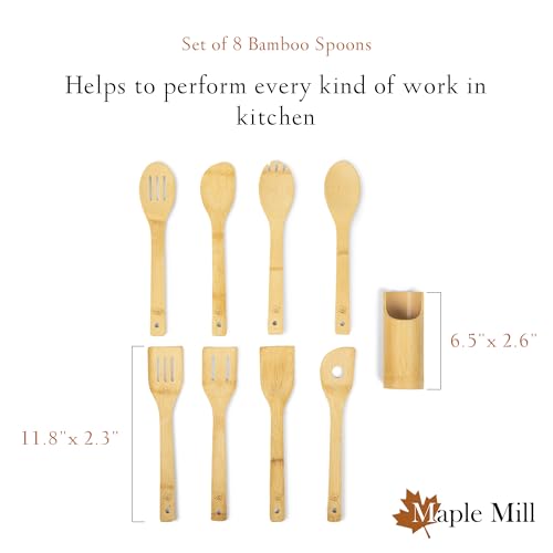 Bamboo Spoons for Cooking - Set of 8 Spoons with Holder - Wooden Cooking Spoons - Non-toxic & Organic Bamboo Cooking Utensils with Spoon Set & Spatula - Premium Kitchen Utensils - color: With Holder