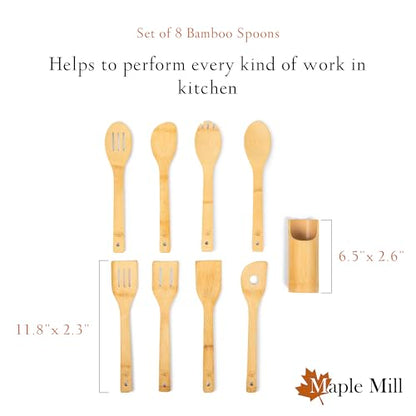 Bamboo Spoons for Cooking - Set of 8 Spoons with Holder - Wooden Cooking Spoons - Non-toxic & Organic Bamboo Cooking Utensils with Spoon Set & Spatula - Premium Kitchen Utensils - color: With Holder